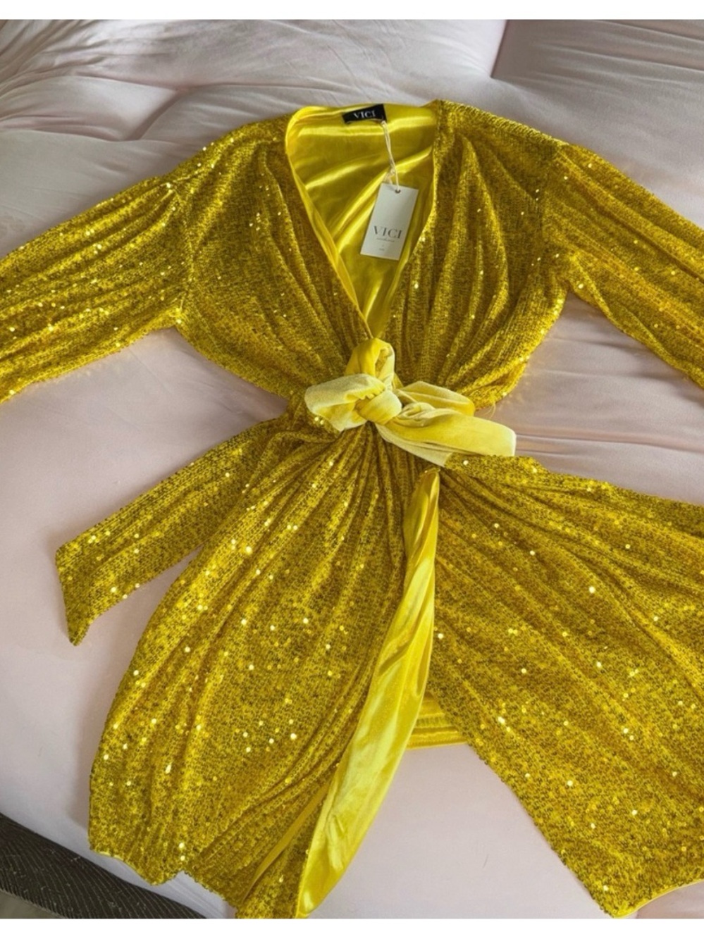 VICI Yellow Sequin Tie-Front Wrap Dress - Picture 2 of 7